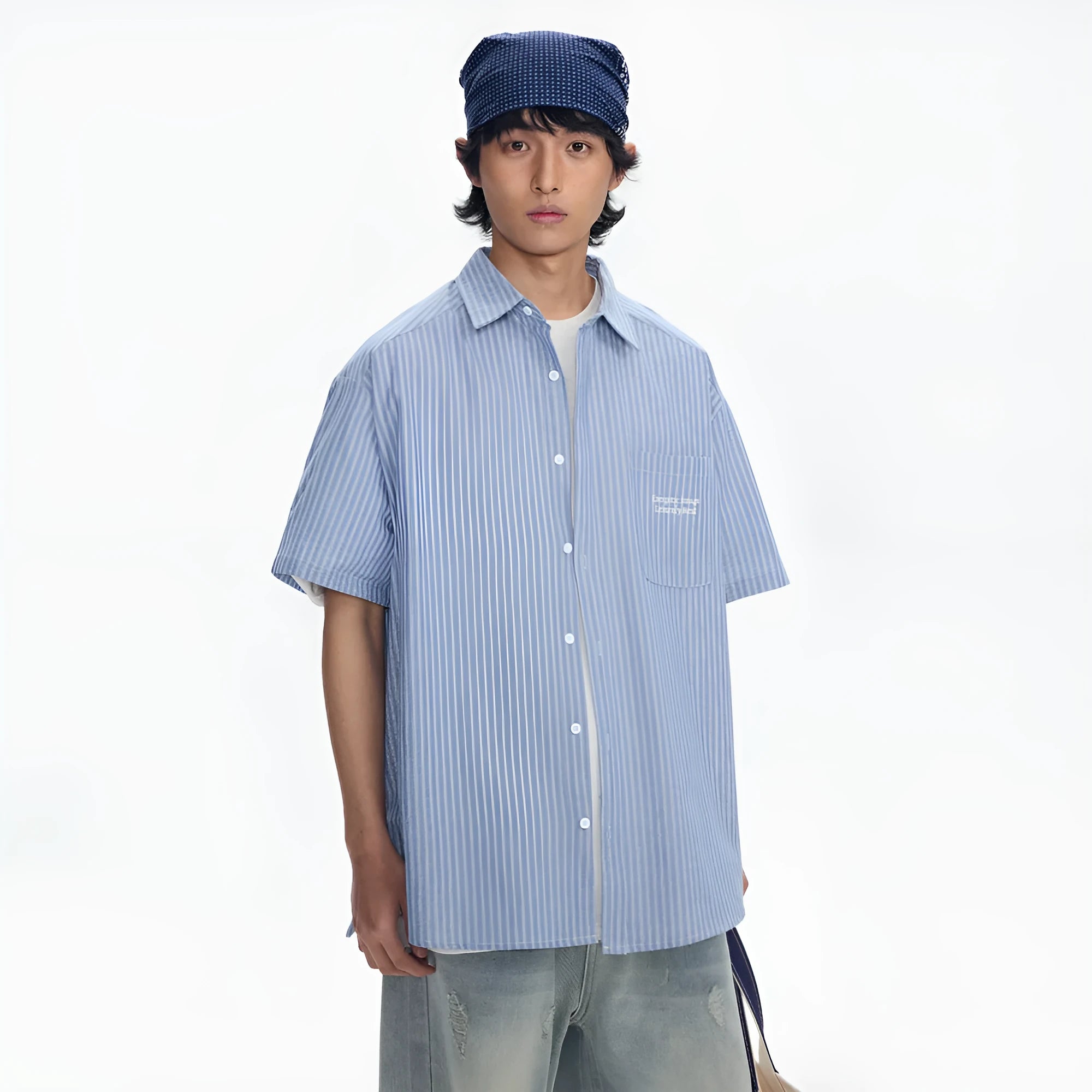 Blue striped short-sleeved overalls shirt in a loose cardigan style for casual wear.