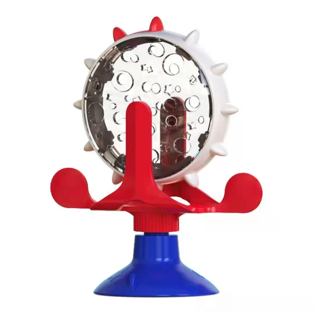 Interactive spinner puzzle toy for cats and dogs with food dispenser holes and sucker base