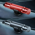 Black and red aluminium alloy car emergency hammer with a tungsten steel tip and a hidden seat belt cutter, shown with a mounting bracket.