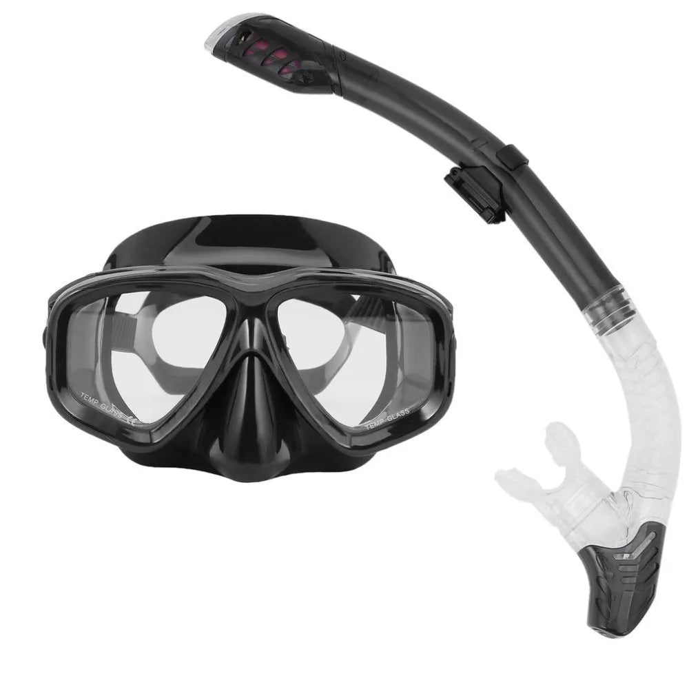 Black diving mask with anti-fog lens, PC frame, silicone strap, and removable mouthpiece