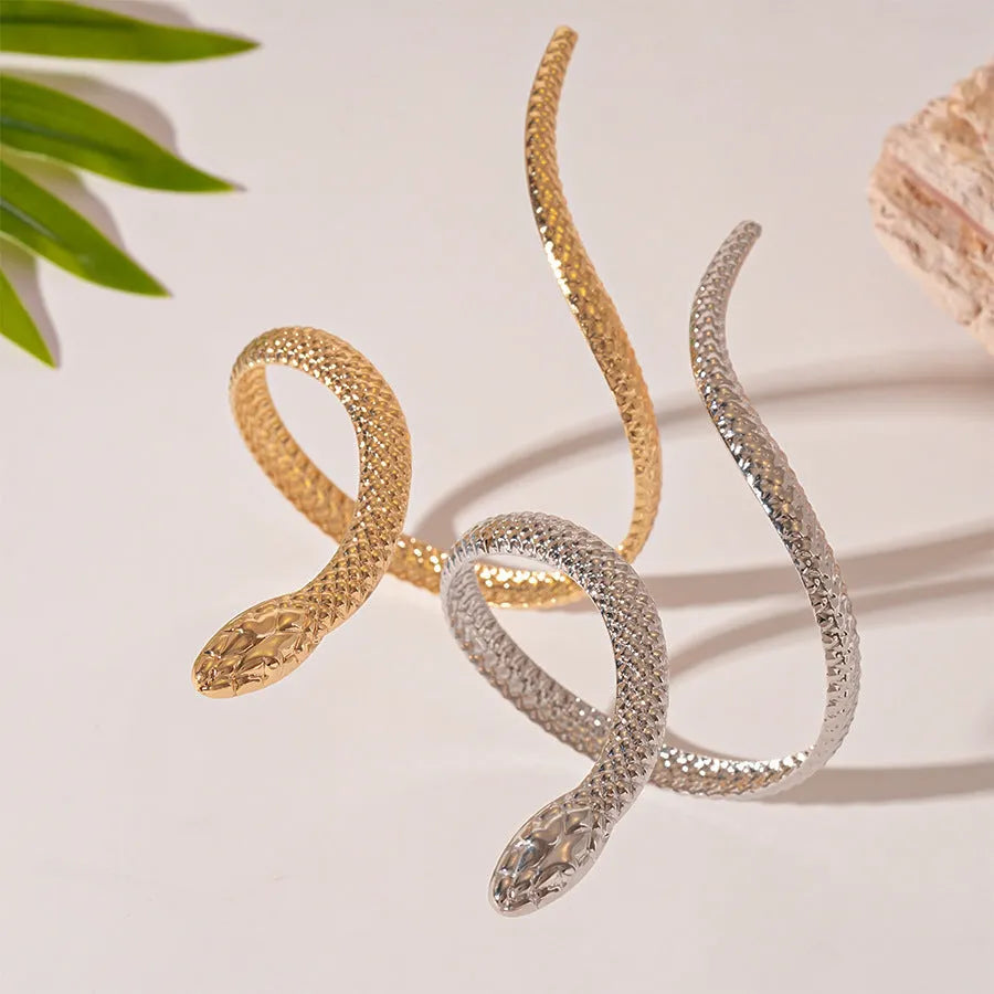 Exaggerated twisted winding simulated snake metal ring bracelet set in gold or silver electroplated finish
