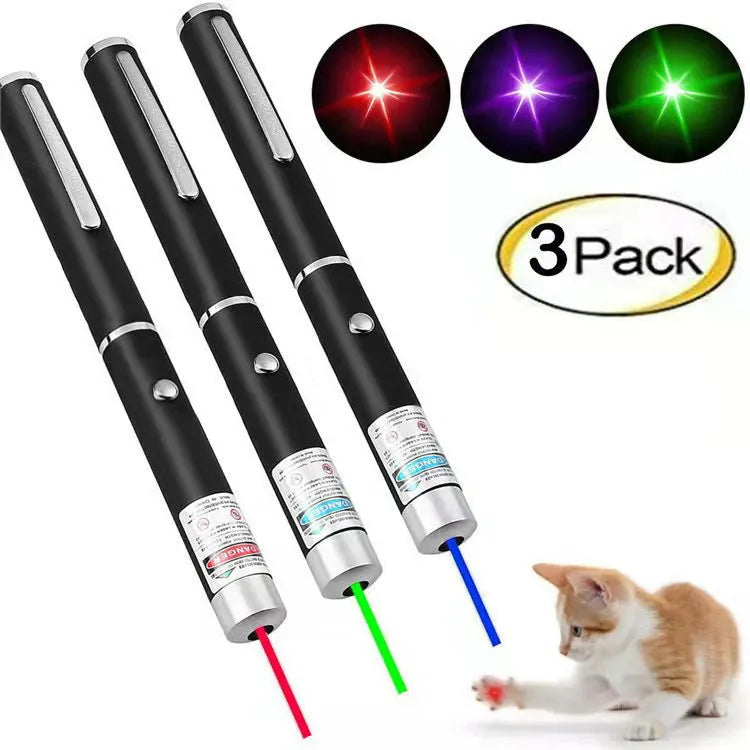 Three metal laser pens in green, purple, and red light colours for dog and cat chasing play