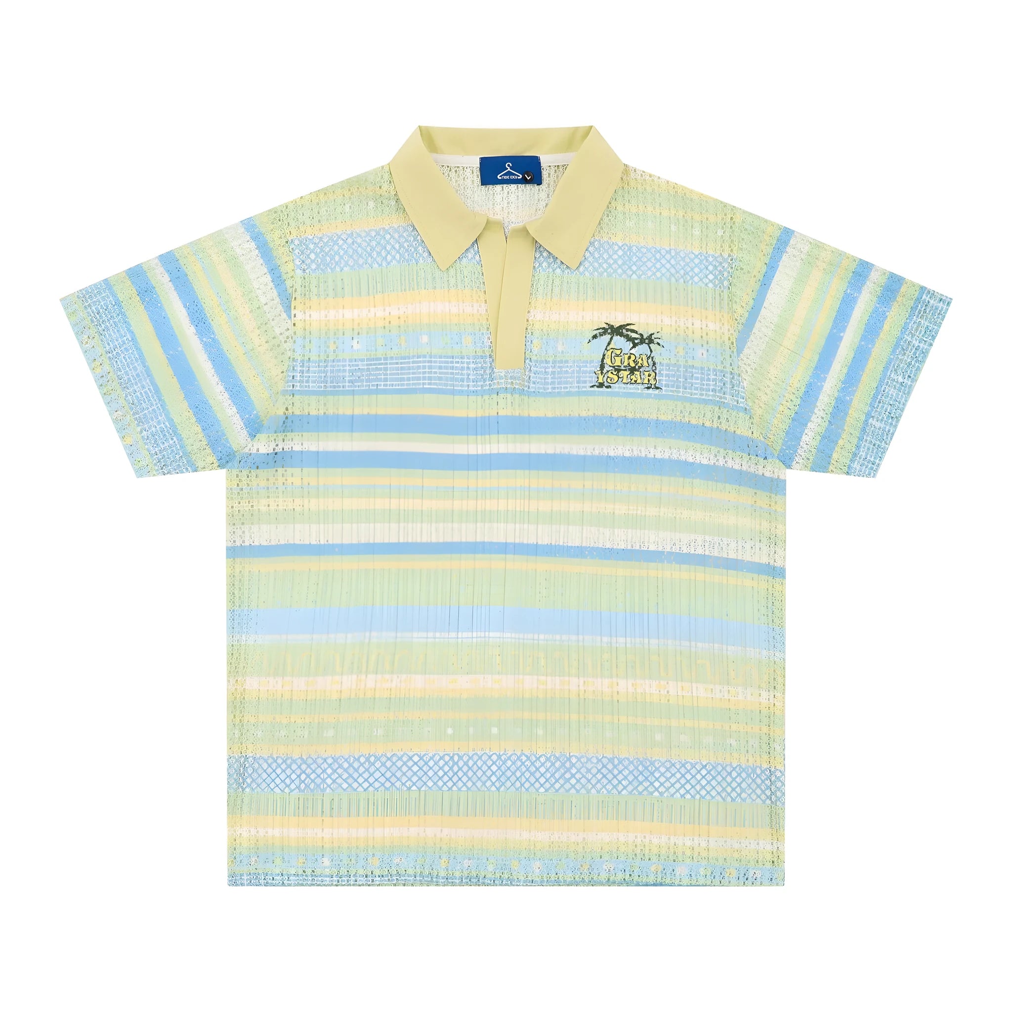 Man wearing a blue printed short sleeve shirt with a loose casual fit.