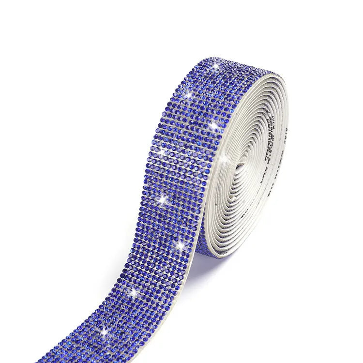 Electroplated glass self-adhesive water drill strip in white and AB colour, showing different width sizes.