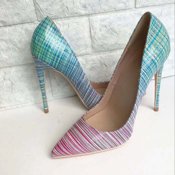 Pink and blue gradient patent leather women's high heels with a pointed toe and high heel.