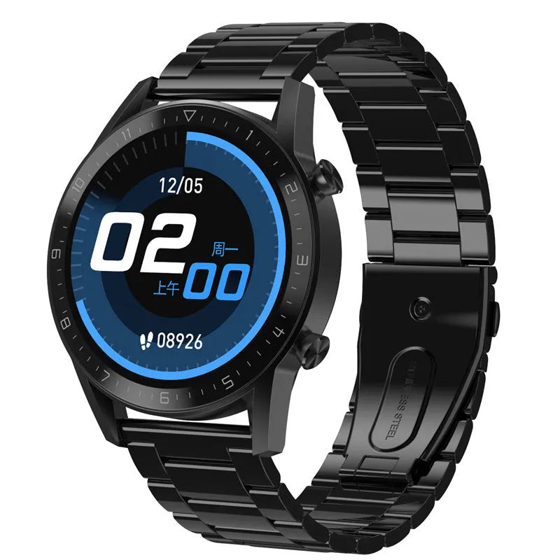 Black multifunctional sports watch with 1.3-inch touchscreen display showing step count