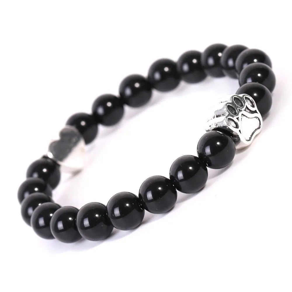 Tigereye Indian agate stone bead bracelet with dog's paw and heart charms in geometric design