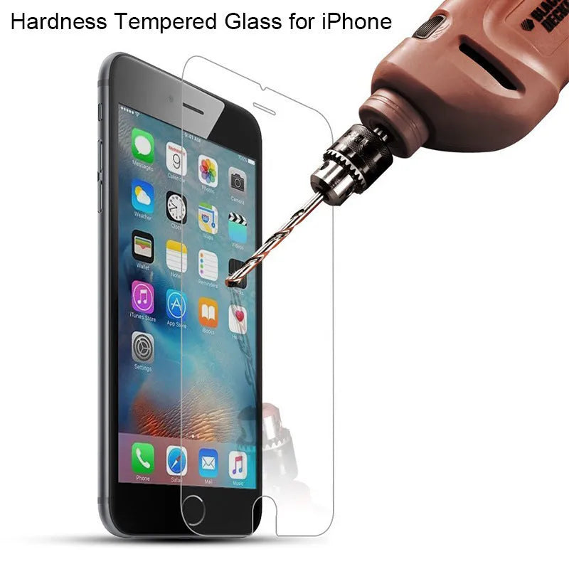 Transparent tempered glass screen protector for iPhone on a white background.