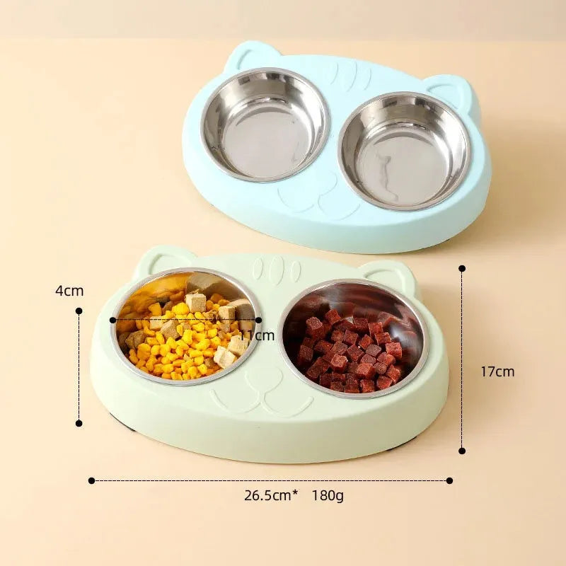 Macaron-shaped plastic pet feeder tray with two bowls in blue, green, or pink colour options