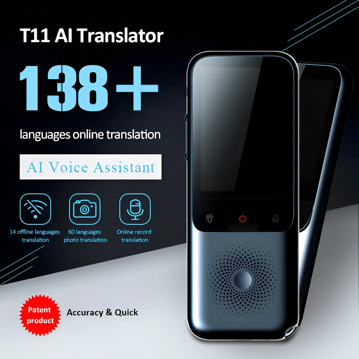 Intelligent voice translator with ABS body, key and touch controls, Android system, 10M wireless range