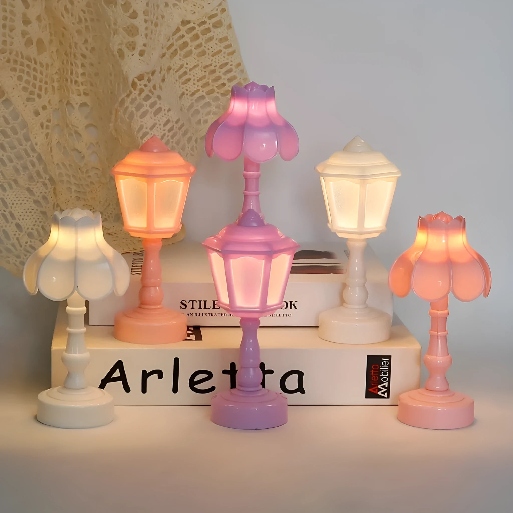 Retro pagoda dormitory decoration night lamp with geometric stereo design in light purple colour