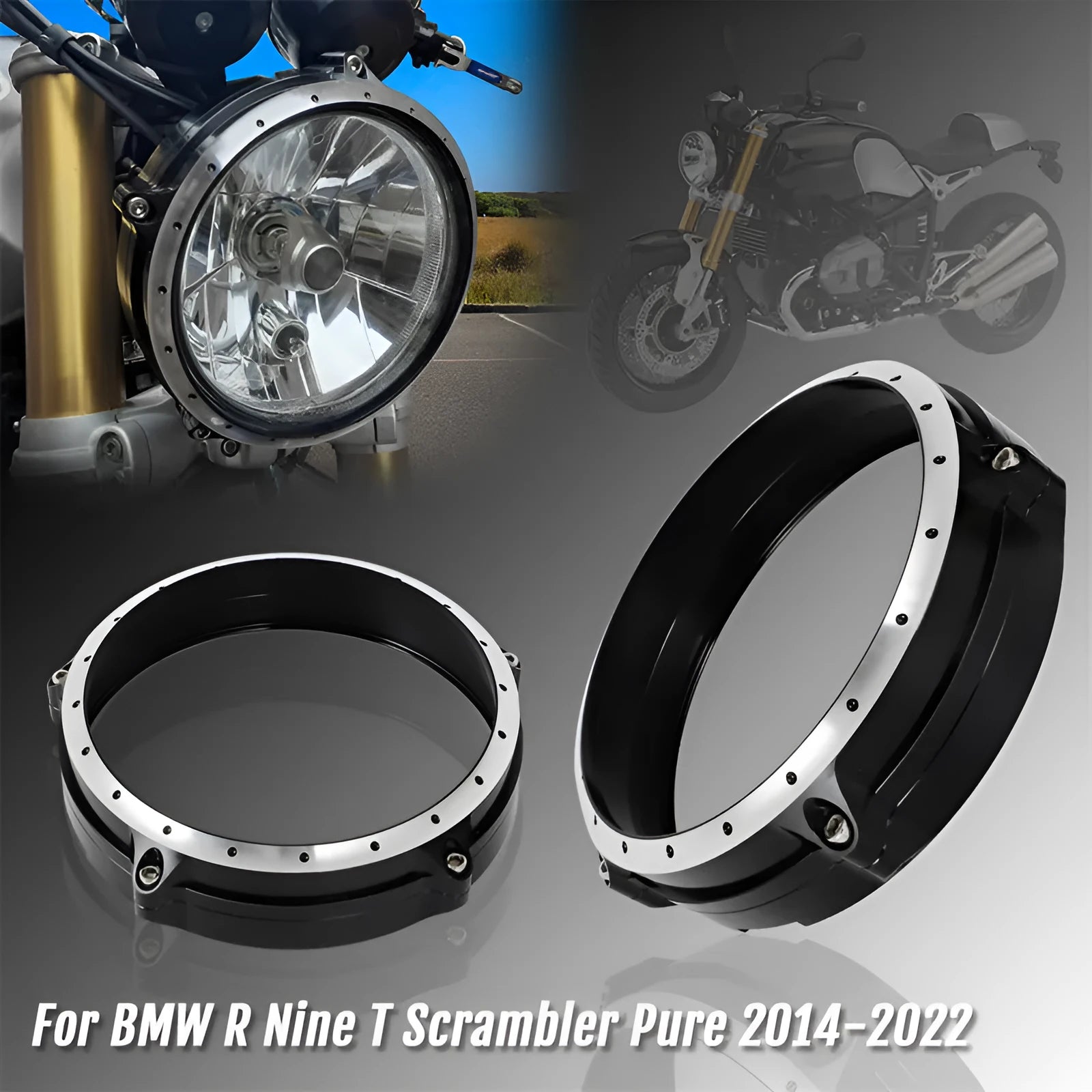 Black CNC aluminium headlight cover for BMW R NineT Scrambler motorcycle 2014-2017 models