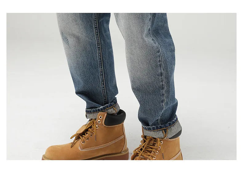 Men's retro blue jeans, loose straight-leg cut, 100% cotton denim, middle waist, nine-pants length.