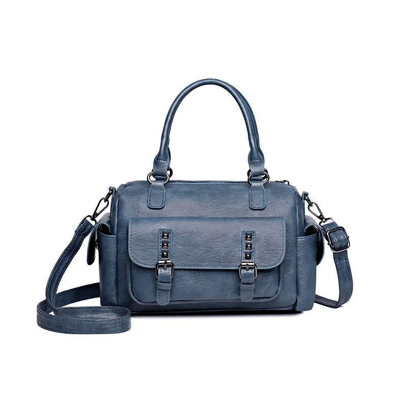 Large capacity vintage messenger bag in horizontal square shape, shown in available colours: blue, gray, camel, red, black, brown.