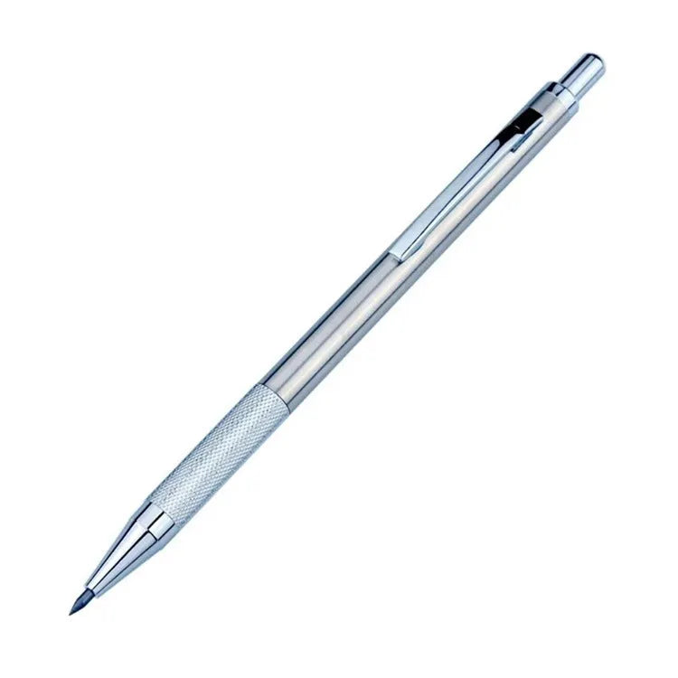 Silver metal mechanical pencil with clip, shown with compatible lead refills in sizes 0.5mm and 2.0mm.