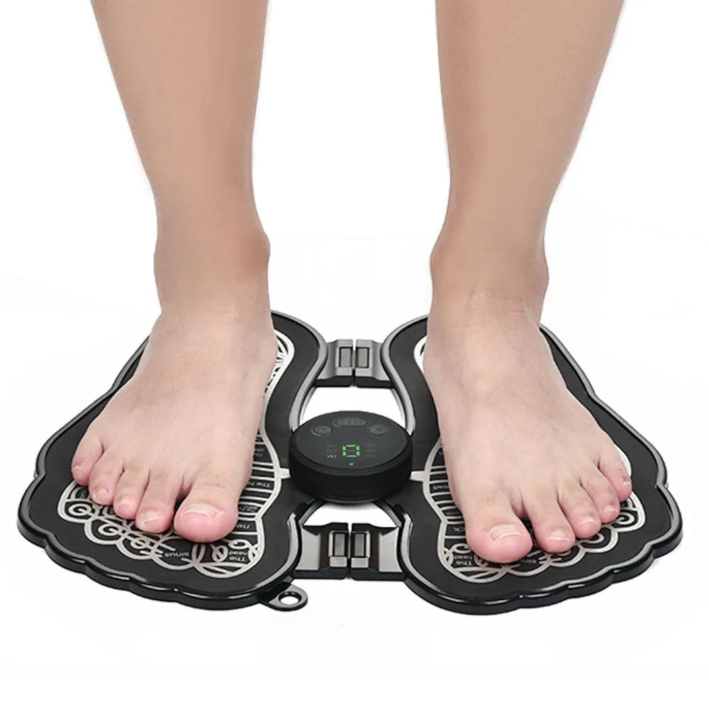 Black foldable EMS rechargeable foot massage mat with acupressure points, polypropylene, 30x29x1 cm