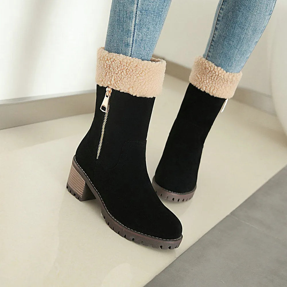 A pair of snow boots with a rubber sole and plush lining, shown in one of four available colours.