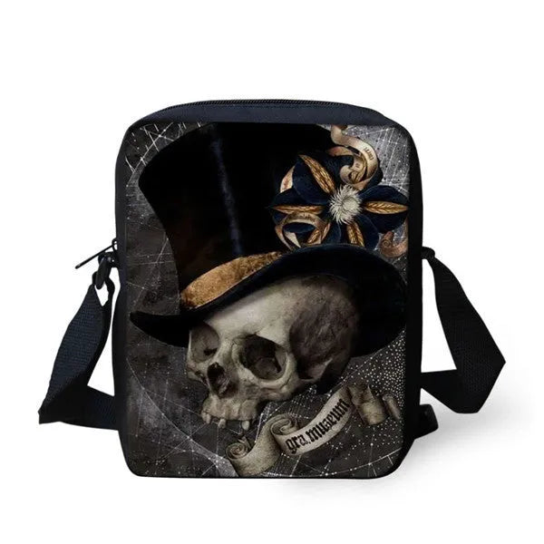 Medium-sized children's messenger bag with skull patterns in various colours showing double straps and zipper opening