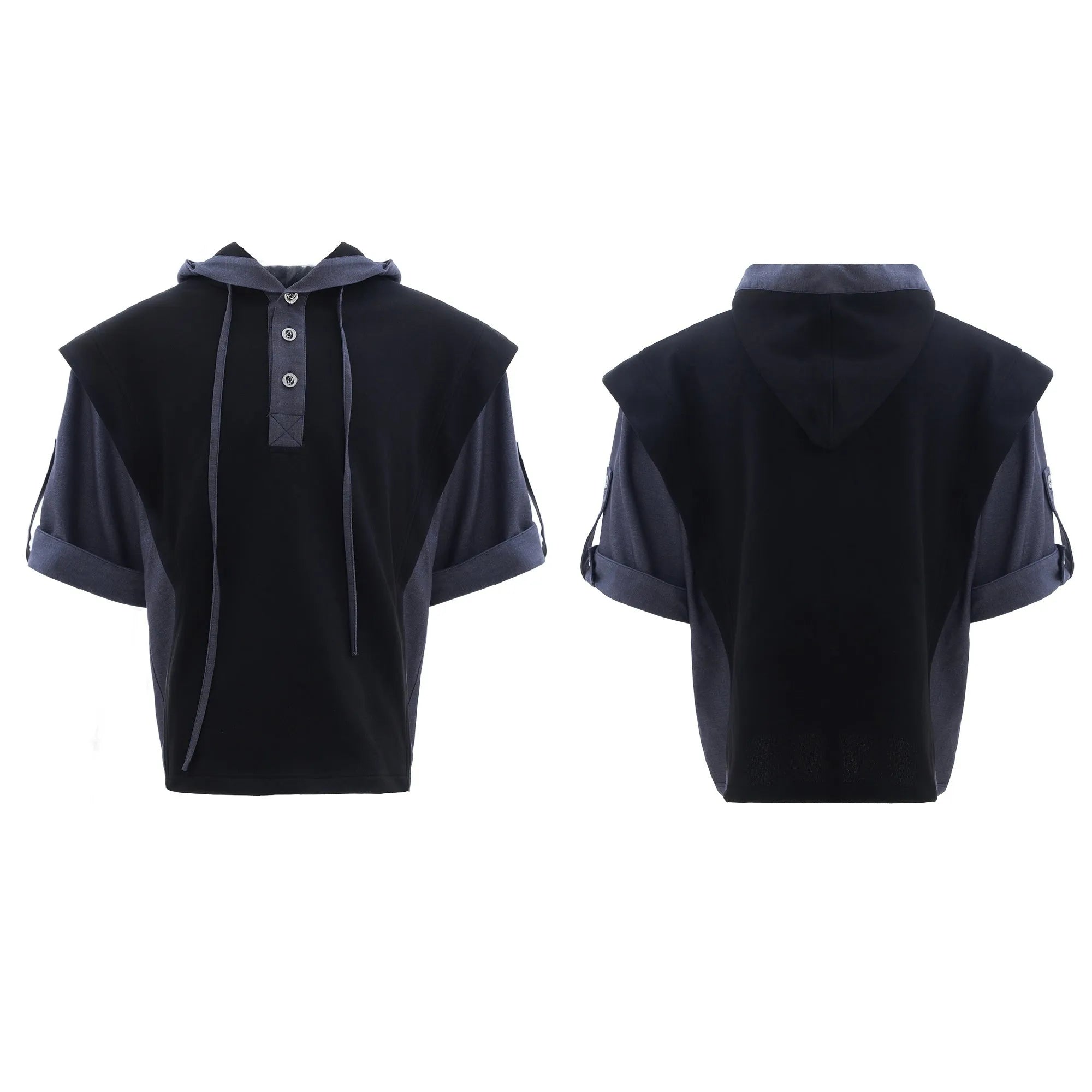 Men's black hooded short sleeve polyester sports suit with textured stitching and matching trousers on a grey background.