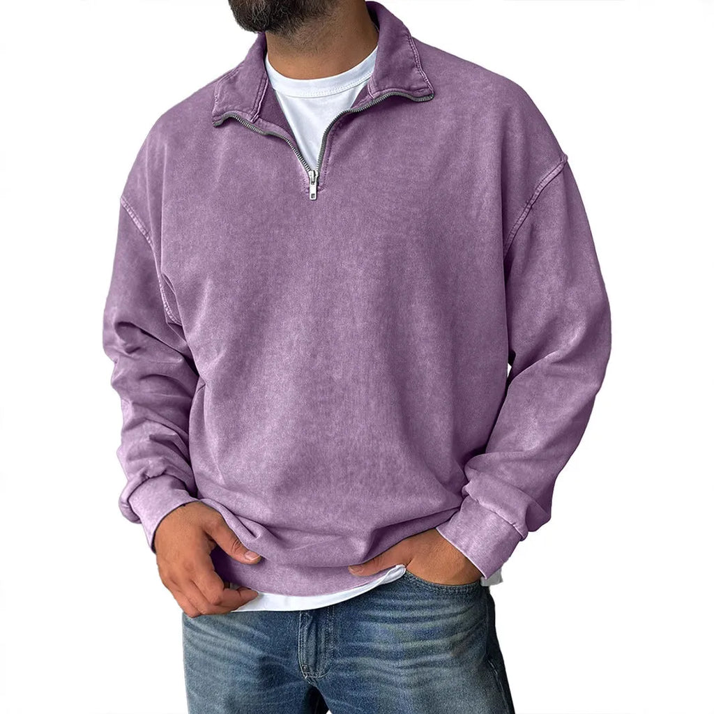 Men's loose drop shoulder sweatshirt with stand collar, 100% cotton, long sleeve pullover in solid colours, sizes S to 4XL