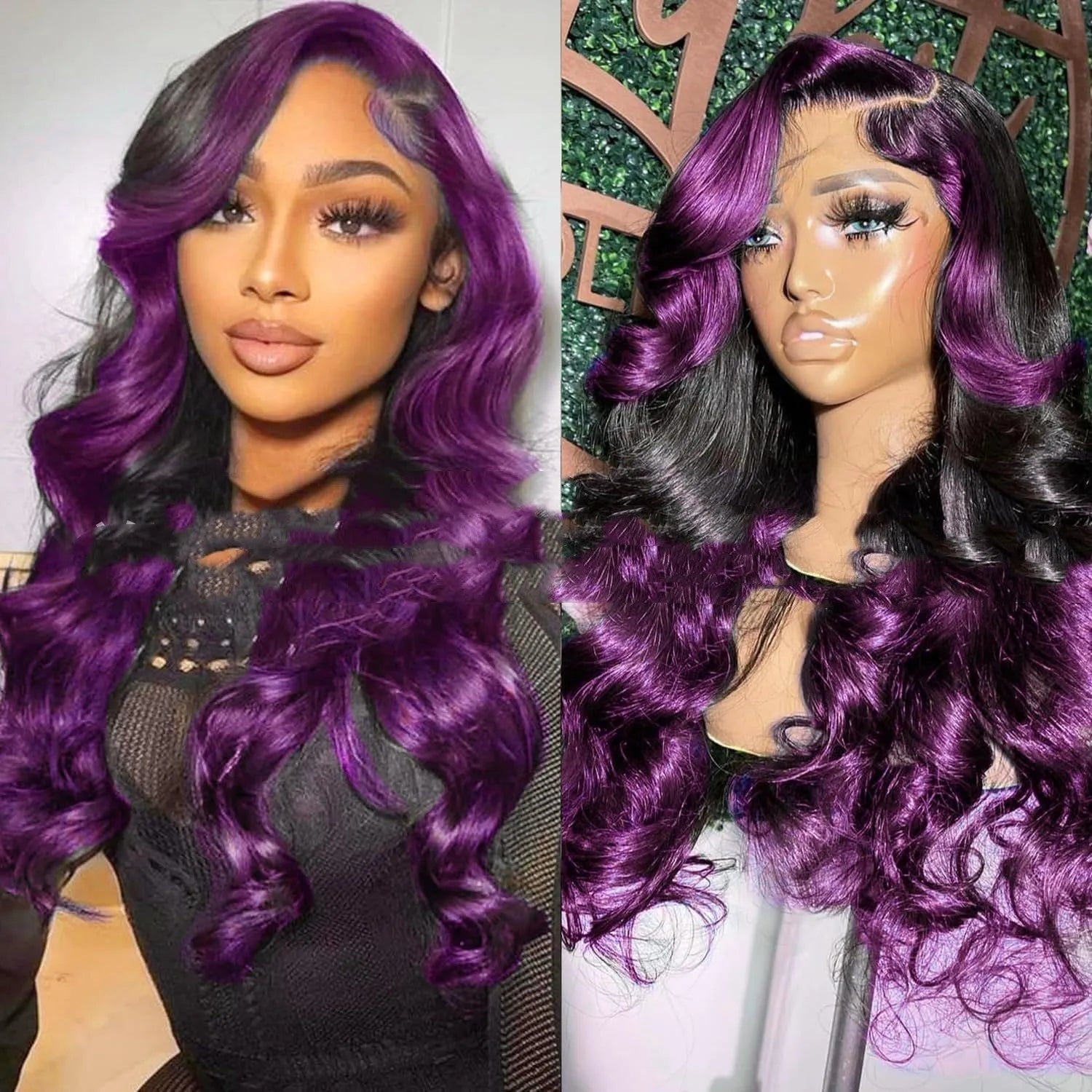Gradient purple human hair lace front wig with Ruili waves on a mannequin head.