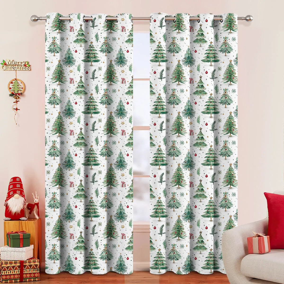Close-up of a needle-punched Christmas Forest pattern on a blackout polyester curtain panel.