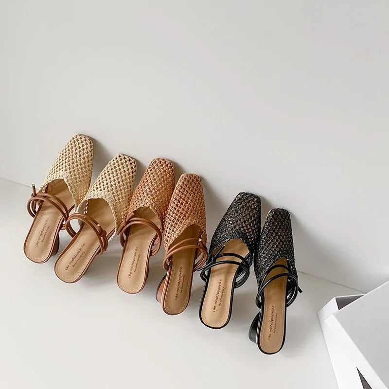 Women's black square toe slippers with hollow-out design and thick chunky heel