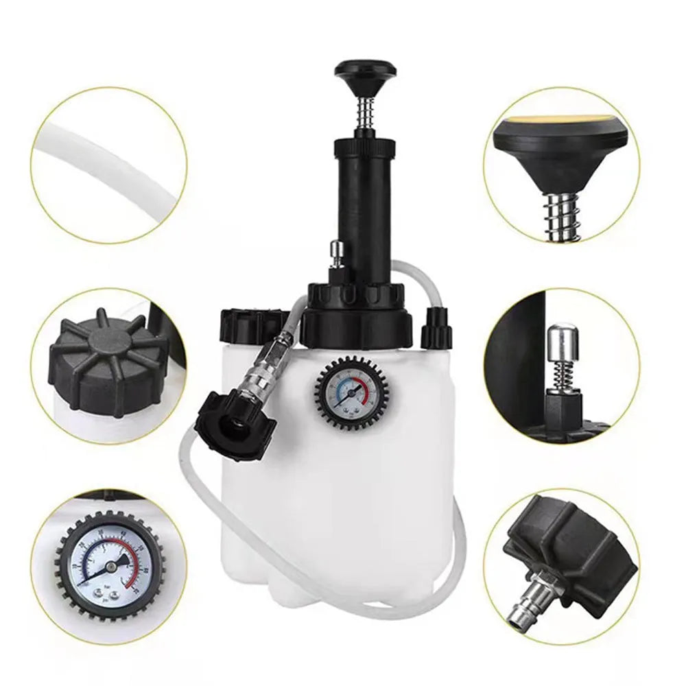 White 3L brake oil tank replacement tool with copper and iron fittings on a compact box.