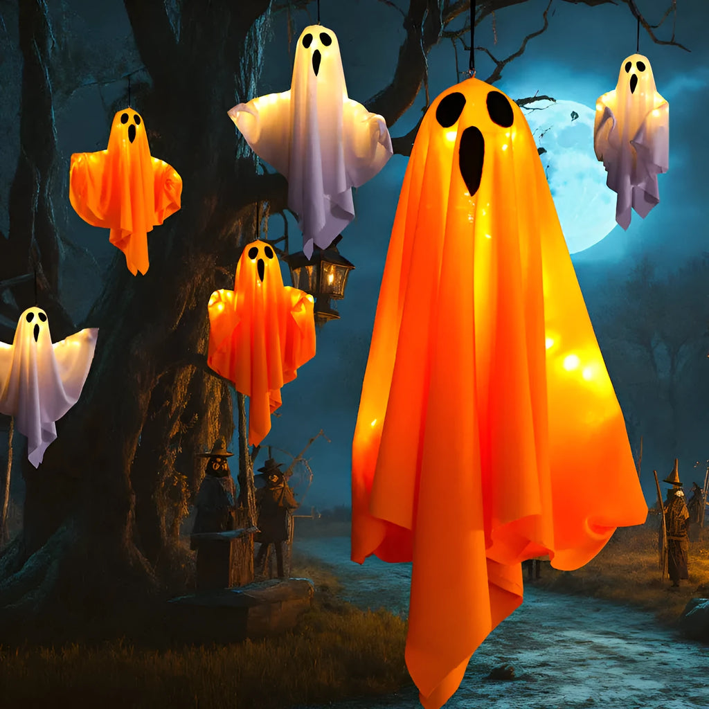 Halloween ghost lamp with luminous cloth ghosts in white and orange colours for indoor horror lighting