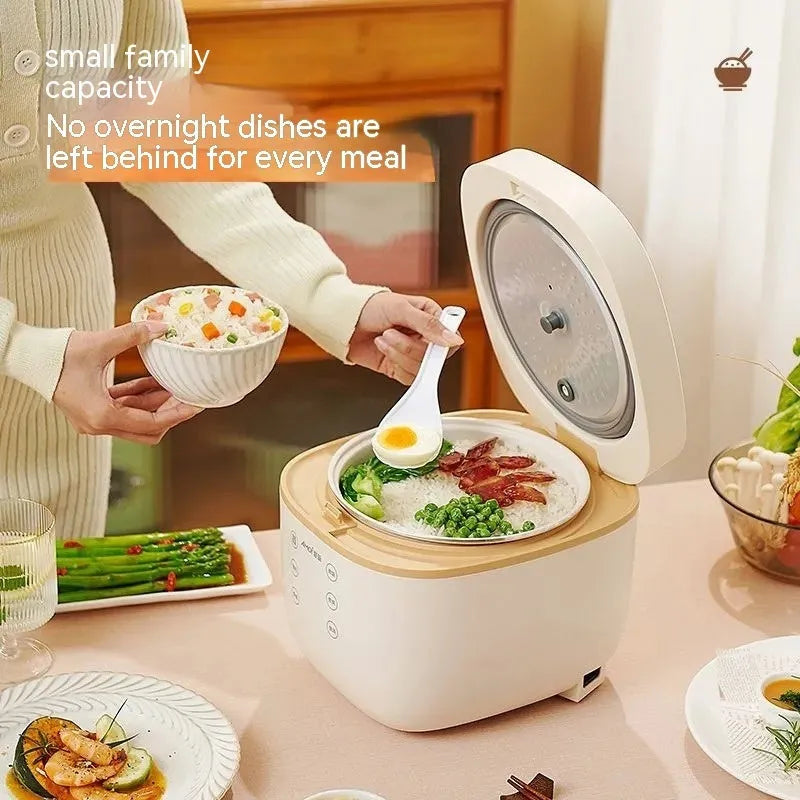 White intelligent multi-function rice cooker with 3L black crystal inner pot and steamer basket