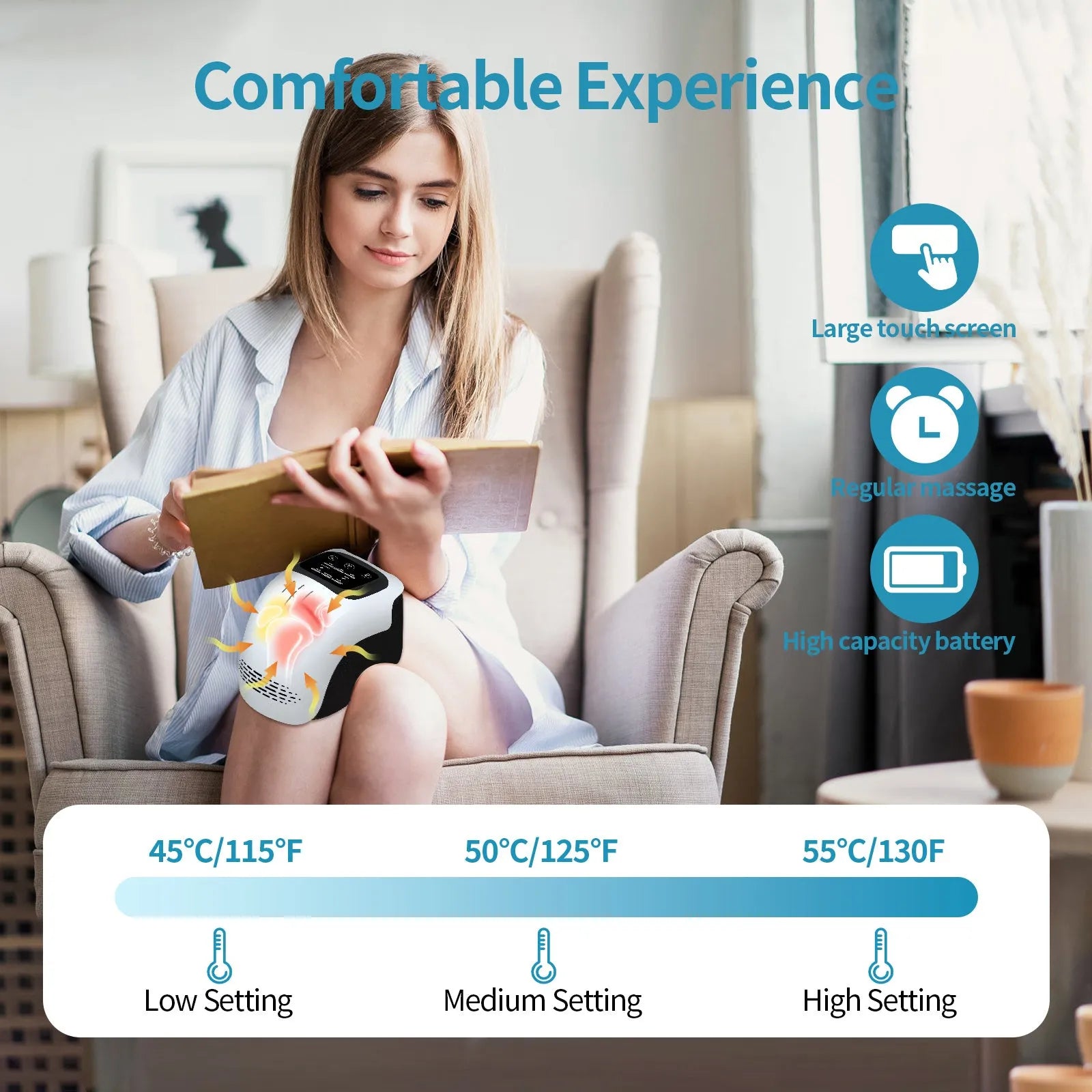 White electric knee massager with intelligent kneading and heating functions for home pain relief