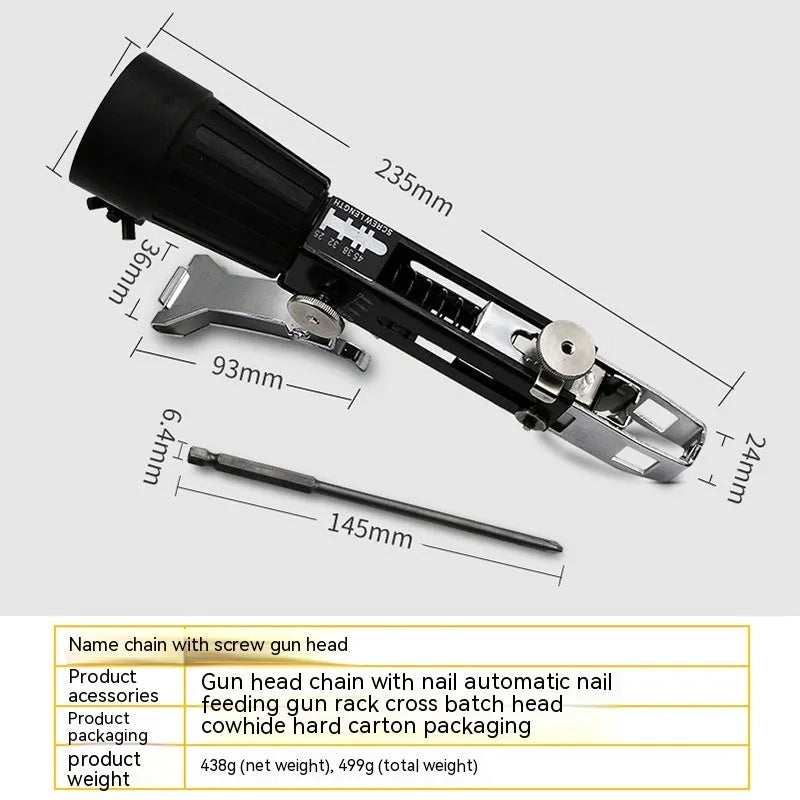 Metal chain screw gun head attachment for electric screwdrivers with cross head bit and storage rack