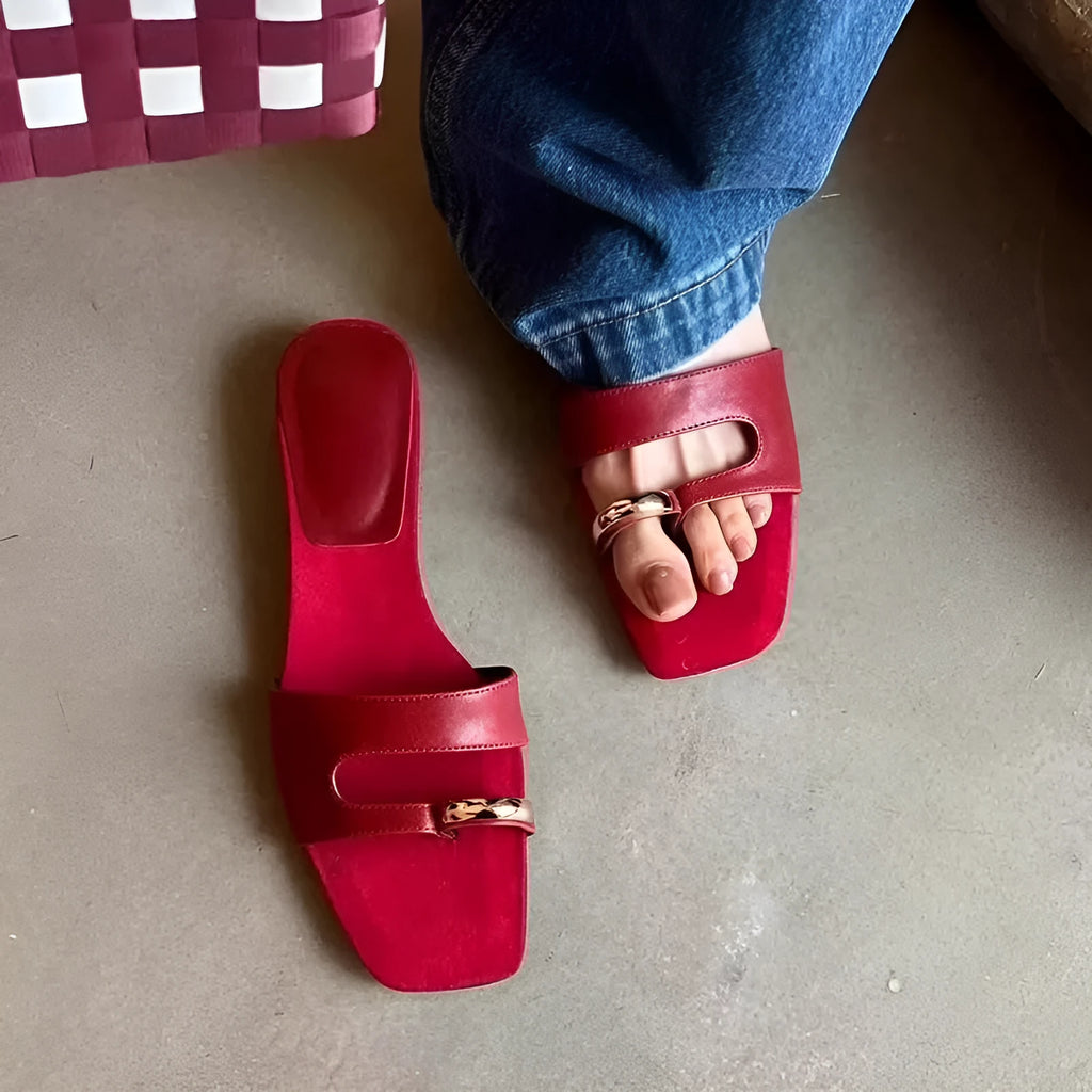 Square toe leather slippers with rubber sole in black, red, silver, or white colours for sizes 35 to 42