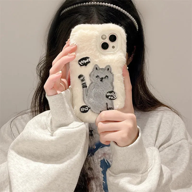 TPU phone case with plush embroidery happy cat and furry texture for Apple iPhone