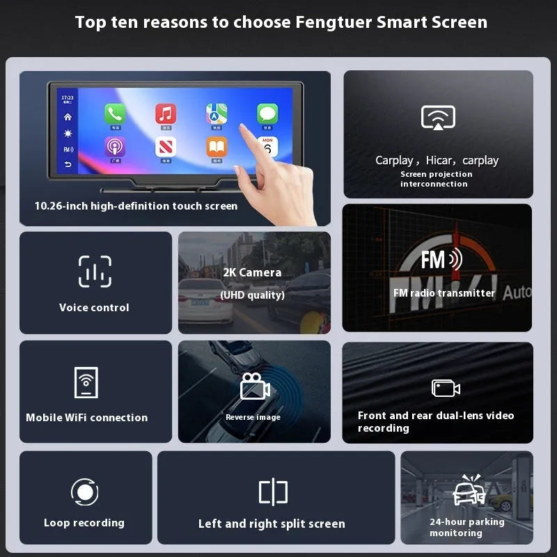 10 inch car smart screen with CarPlay and built-in driving recorder on vehicle dashboard