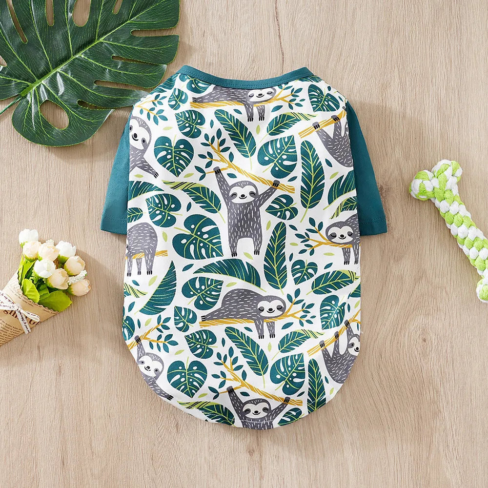 Casual full-printed T-shirt on a small dog, showing the graphic design and fit.