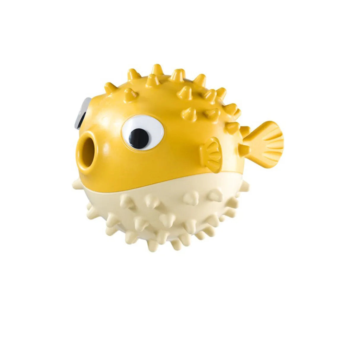Yellow fish-shaped dog chew toy with textured surface for aggressive chewers
