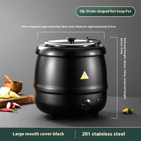 Black 10 litre stainless steel electric insulation pot with a large steel cover and an adapter plug.
