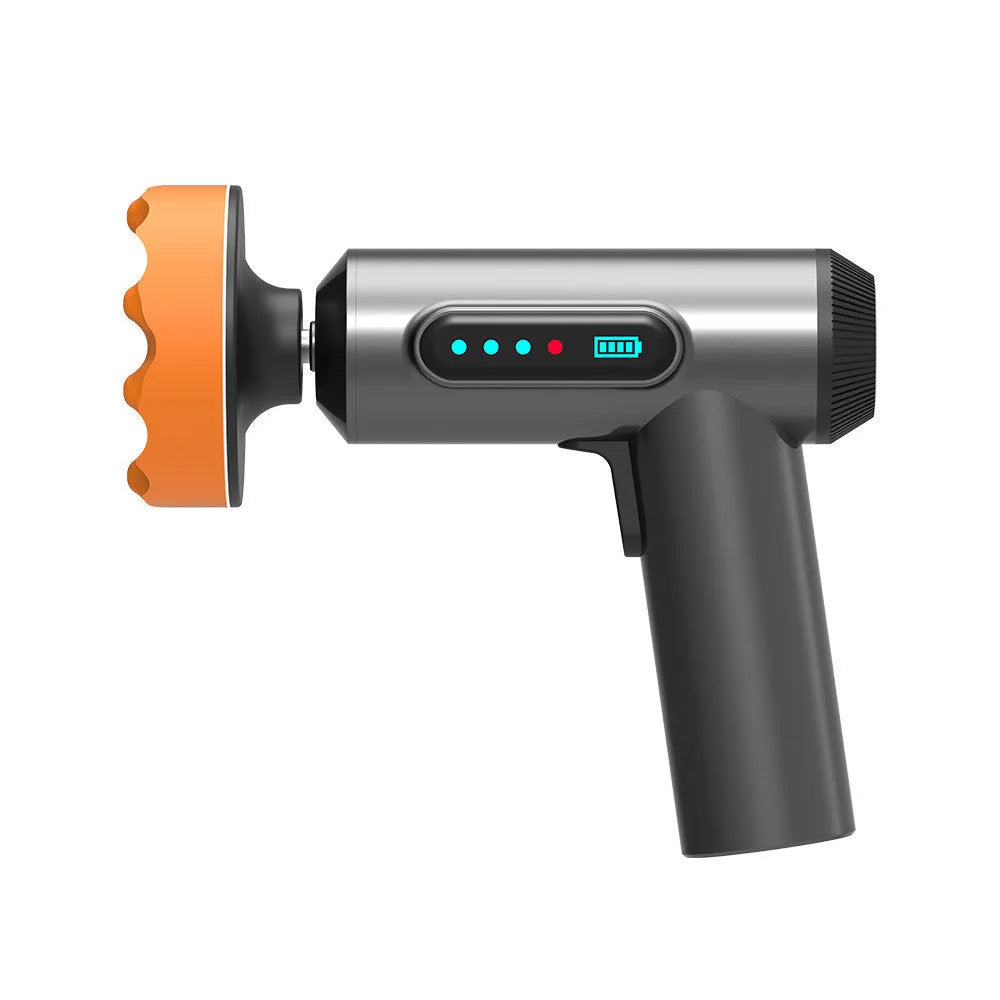Cordless electric waxing and polishing machine with a white ABS housing and a 7.7cm black polishing disc attached.