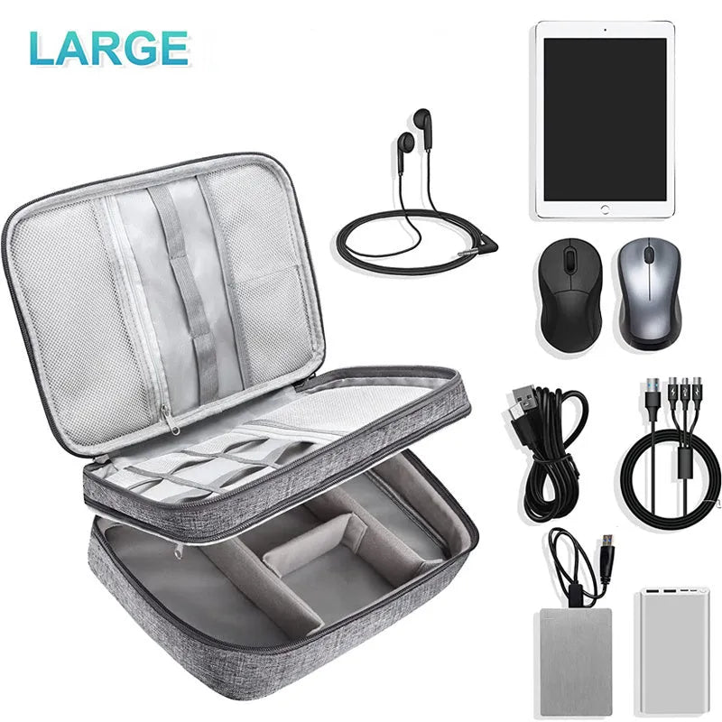 Grey waterproof double-layer travel cable organizer bag with portable handle and multiple pockets