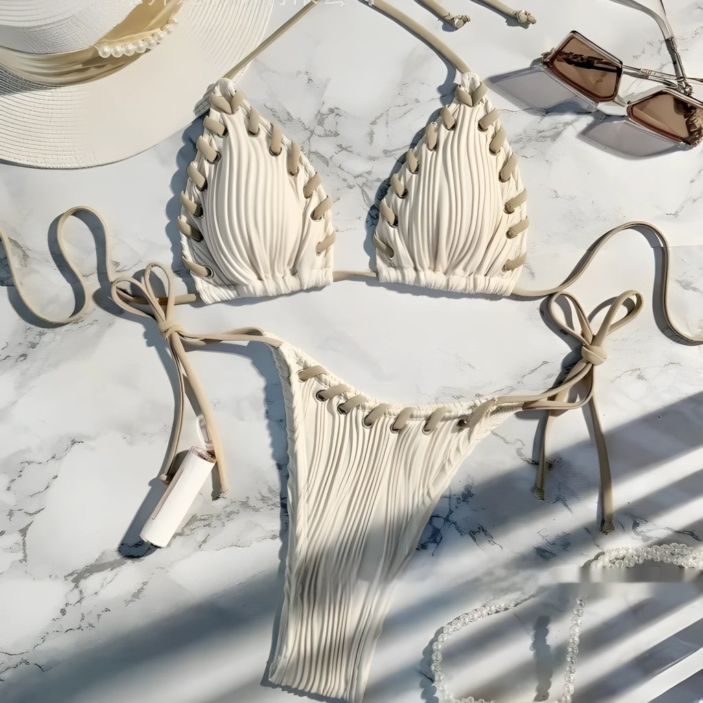 Milky white texture split lace-up swimsuit with small chest push-up, backless briefs style, and nylon fabric