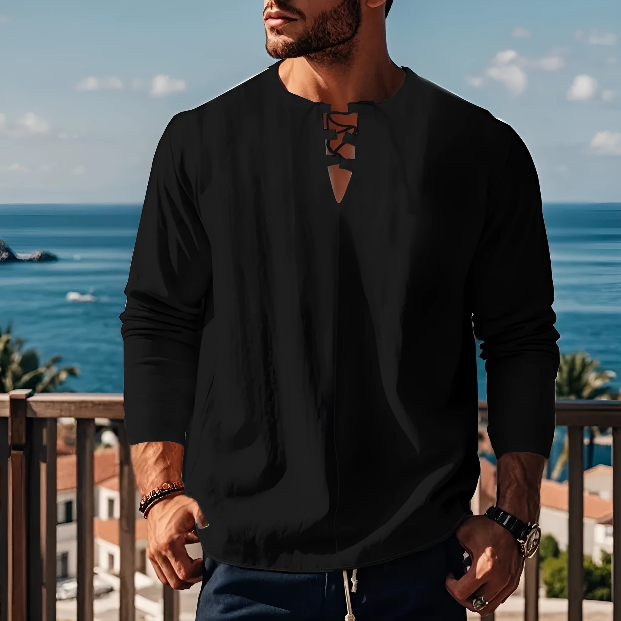 Cotton linen blend solid colour beach shirt in a loose pullover style on a hanger.