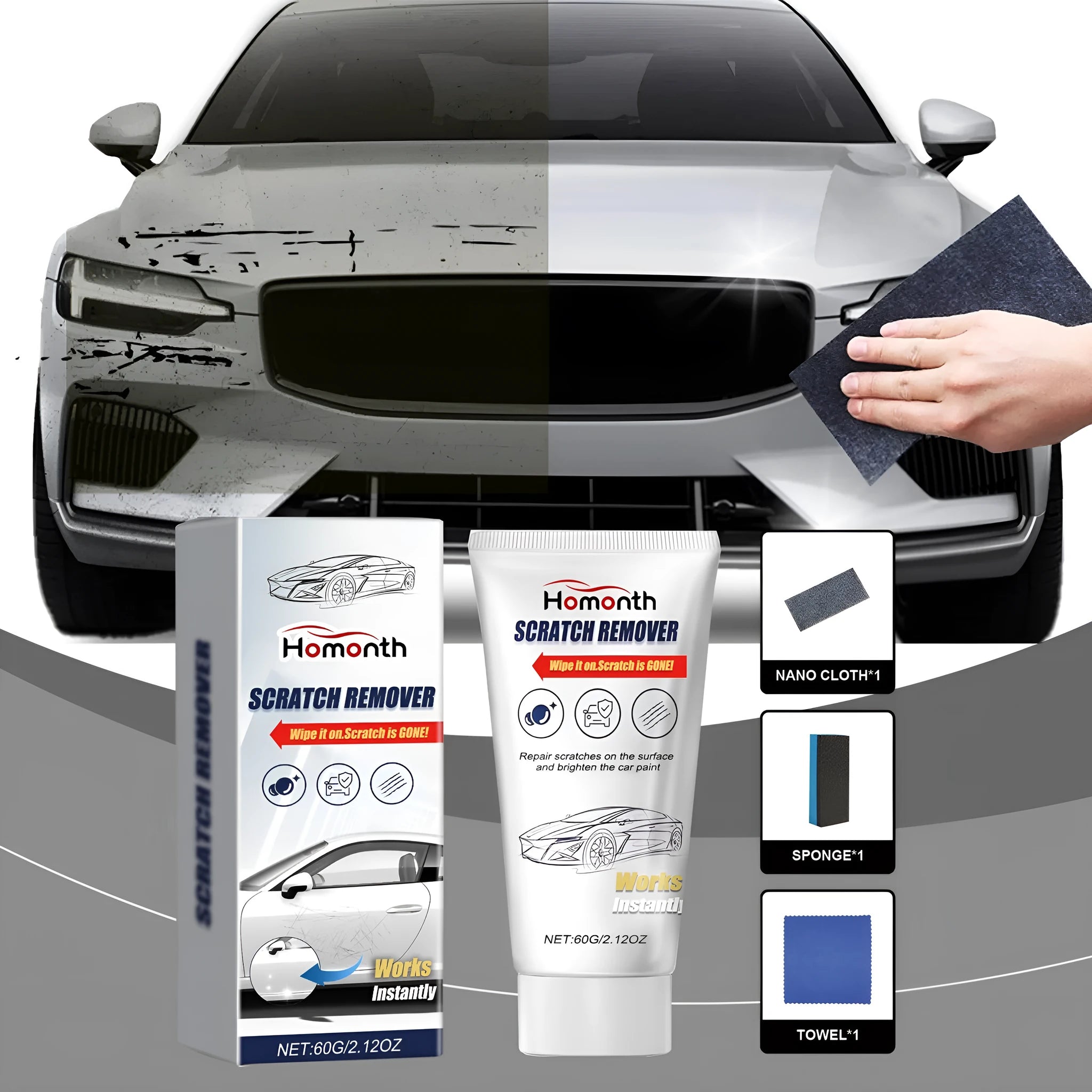 Car scratch repair suit with 60g scratch remover nano cloth towel and sponge on a white background