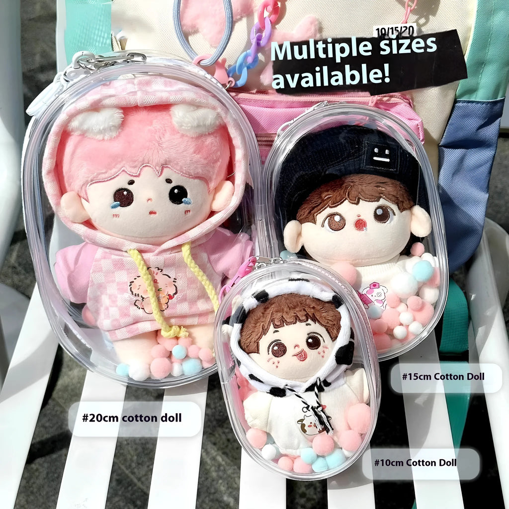 Transparent PVC cube storage bag with zip closure for cotton dolls, shown in avocado green colour.