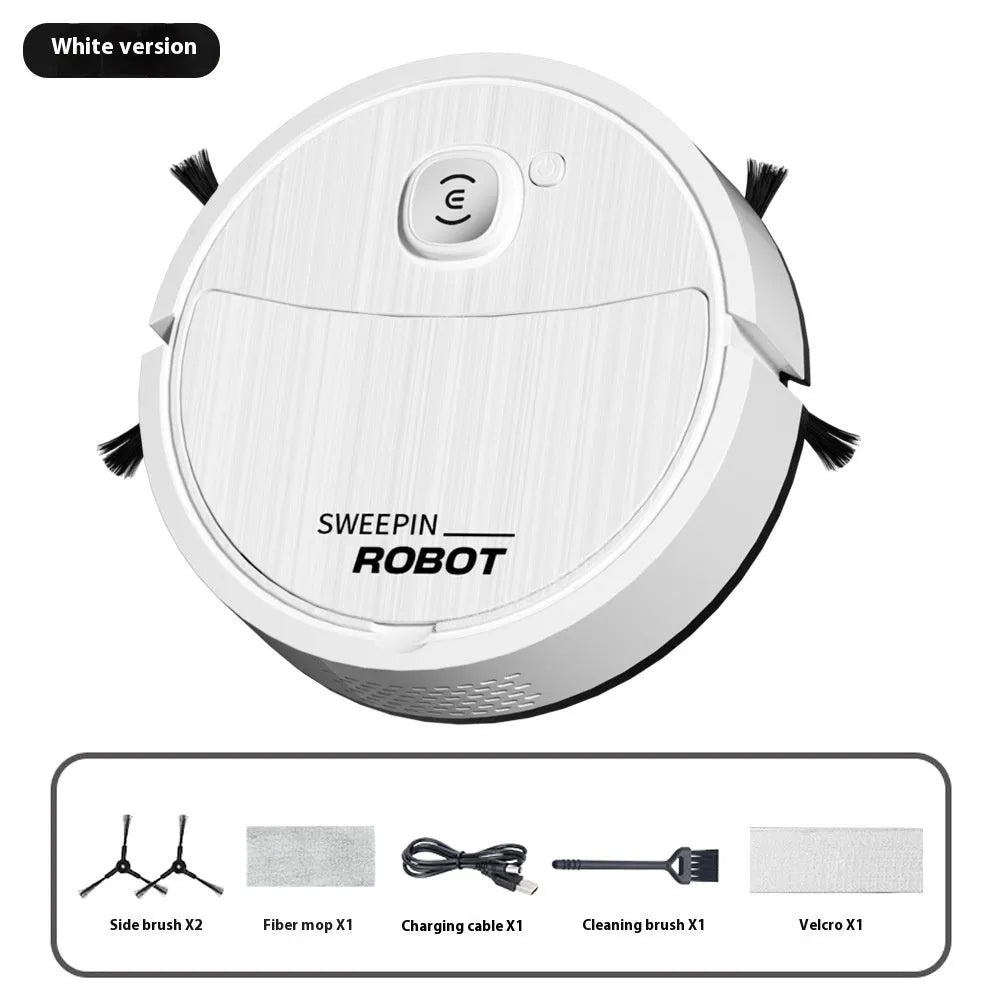 Mini sweeping robot vacuum in white with edge brush and fibre mop on hard floor