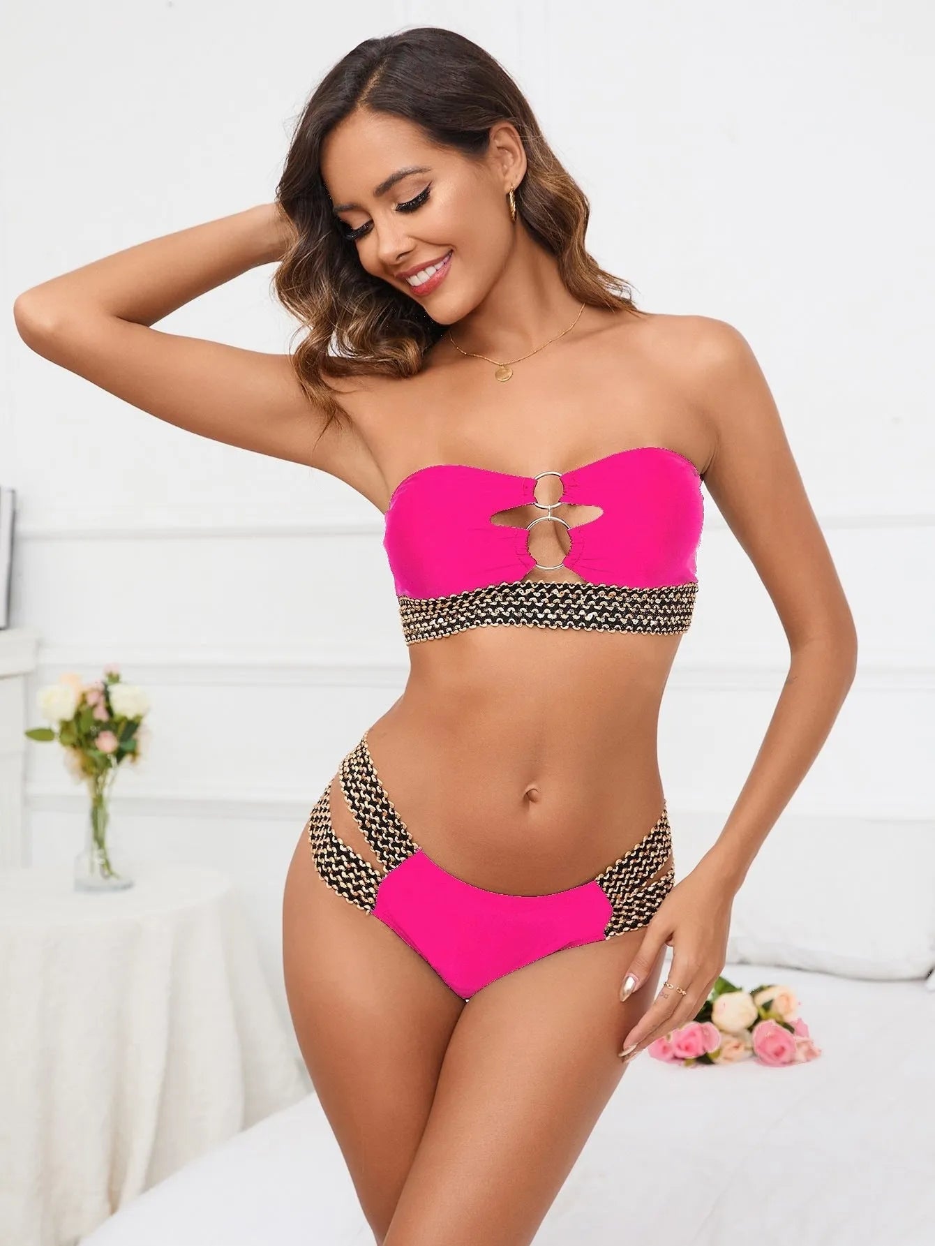 Women's solid colour bikini set with stitched split design in polyester, shown in available colours.