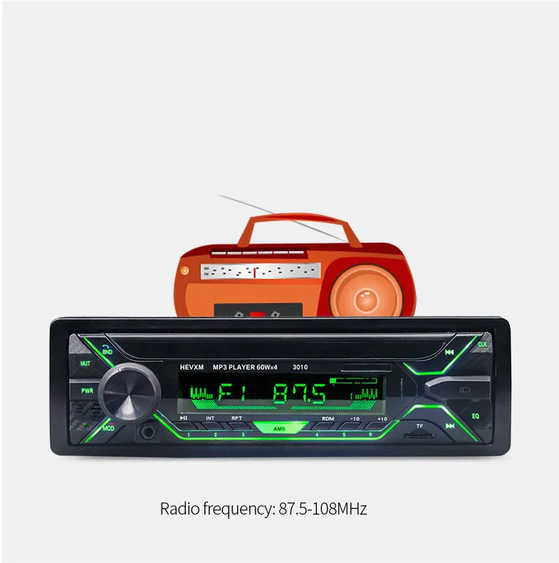 Front view of a black car stereo with LCD display, USB port, buttons, and rotary volume knob.