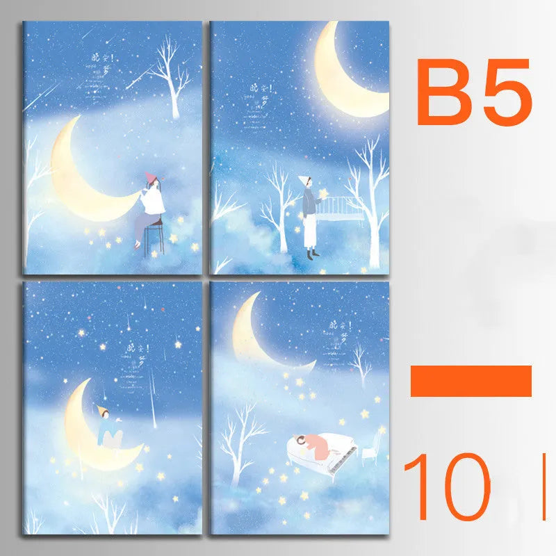 Pack of 10 A5 and B5 soft cover kraft paper notebooks with various designs, showing thread binding.