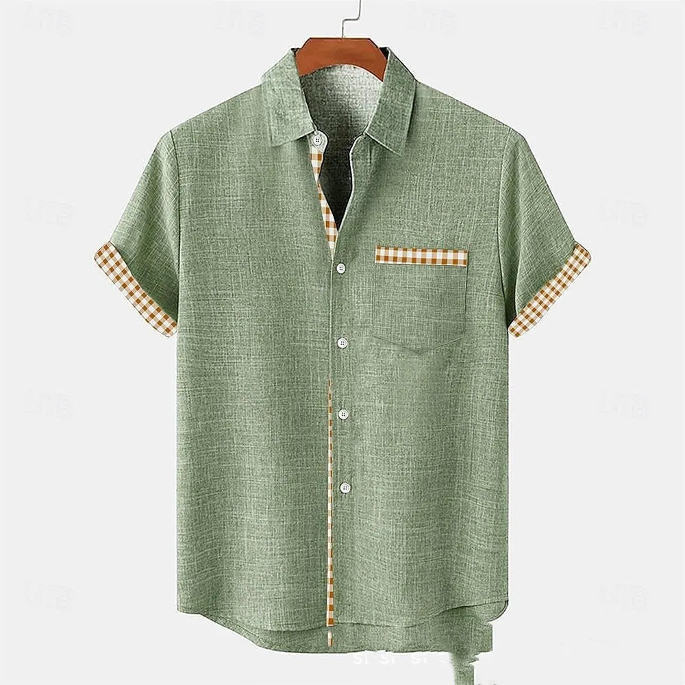 Linen short sleeve shirt with ocean fish pattern lapel in loose fit casual style