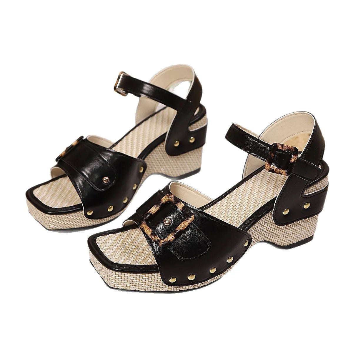 Women's black square toe sandals with a chunky heel and metal buckle on a white background.